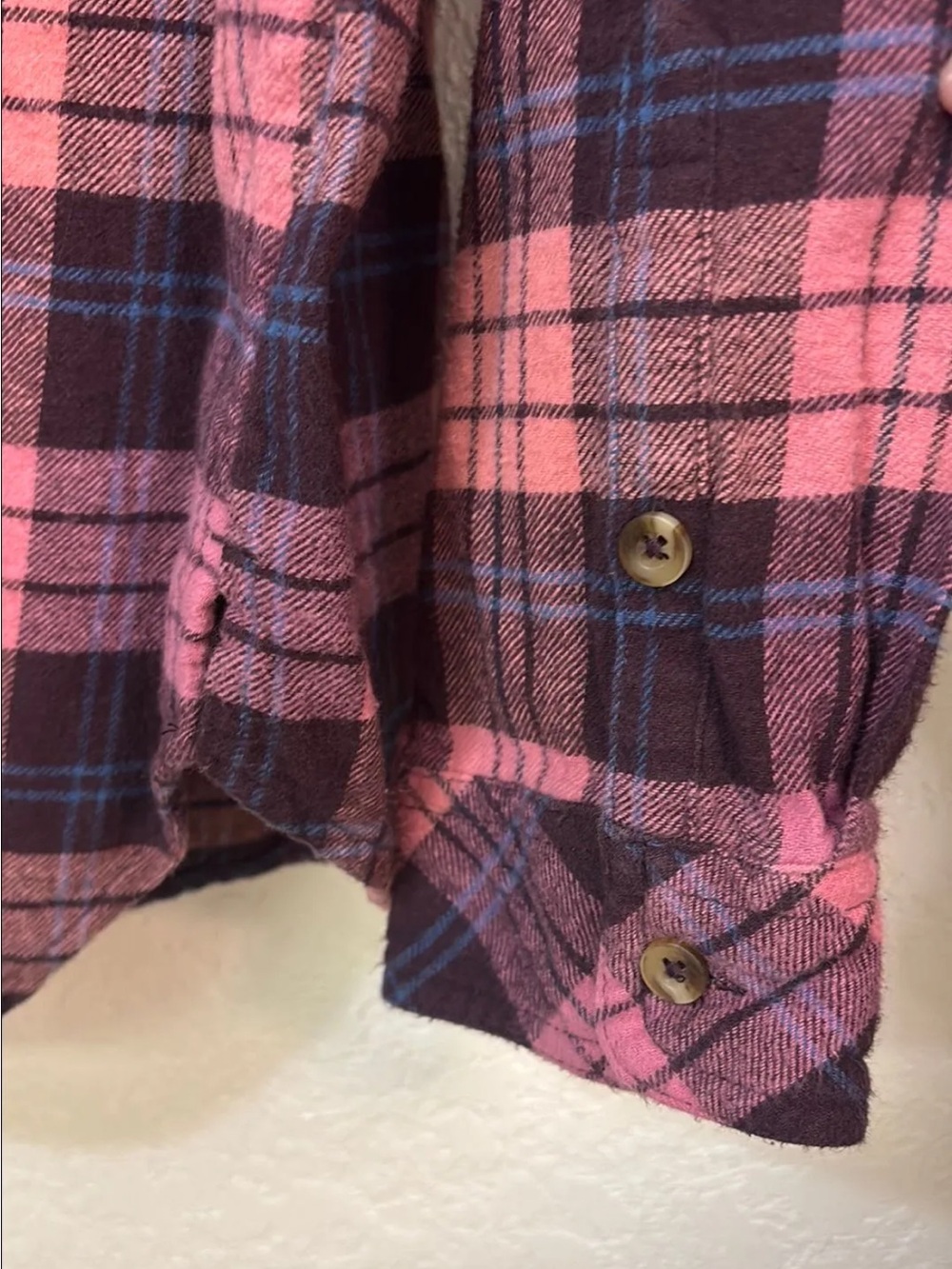 Women’s LARGE Plaid Flannel 100% Cotton Dark Pink, Black & Blue Plaid, Sonoma - Picture 4 of 10